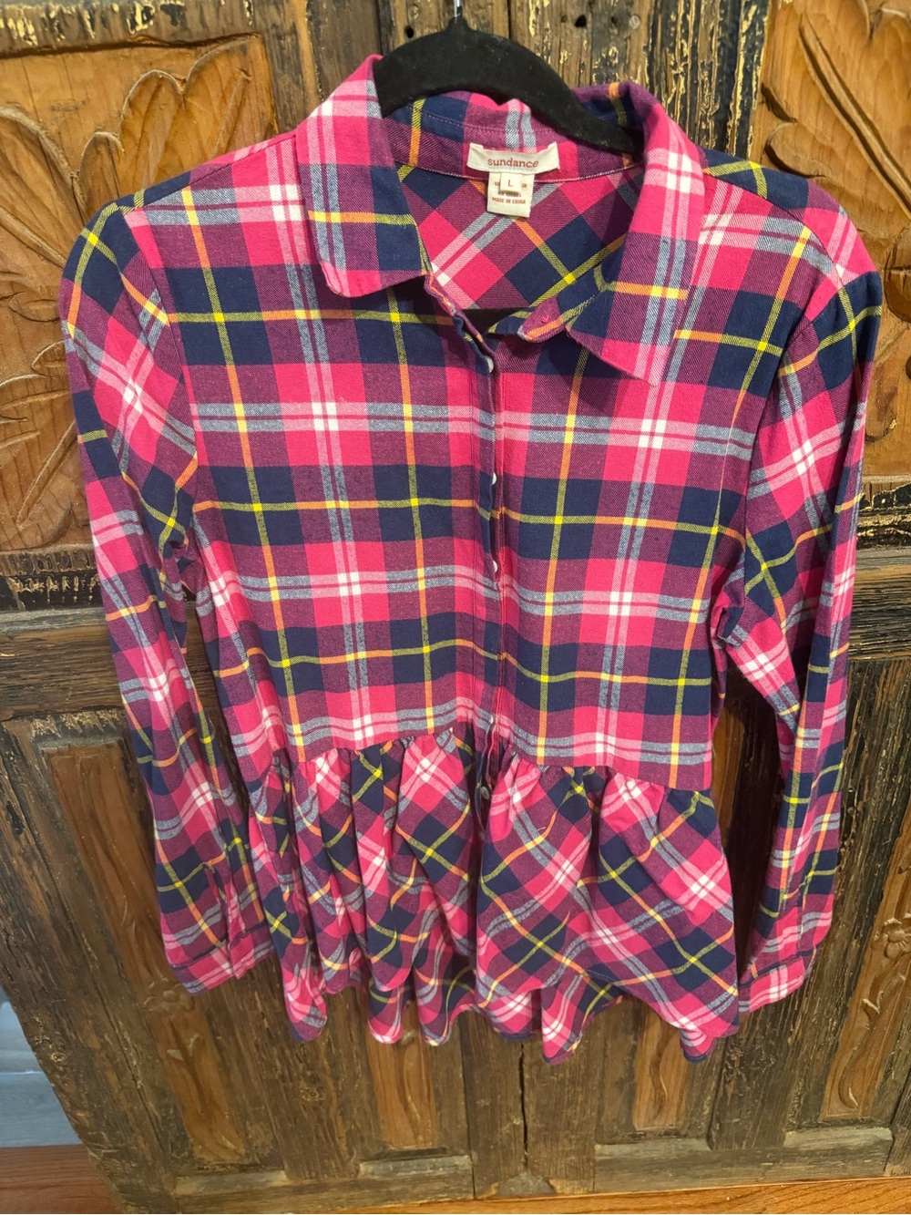 Sundance Girls Pink & Navy Plaid Peplum Button-Front Top
